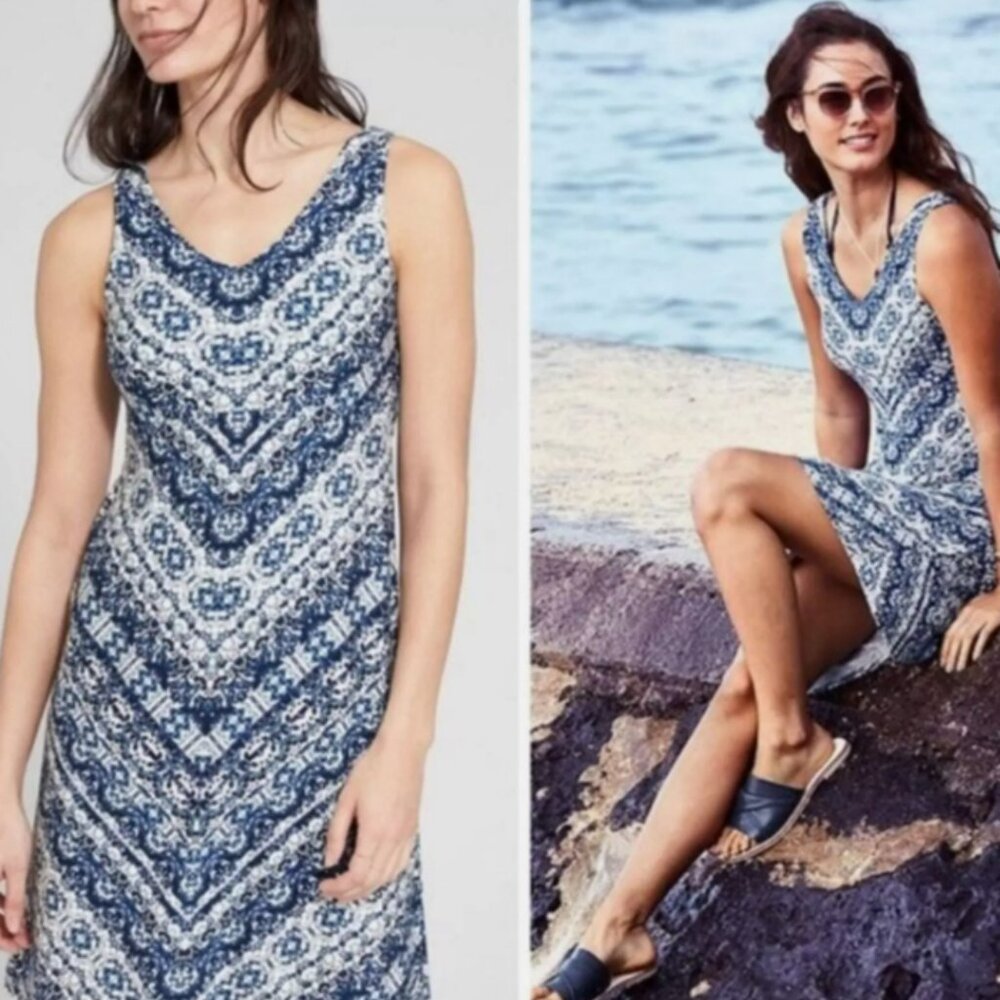 Athleta Santorini Printed Swing Dress 3.0 Purple Blue Size L